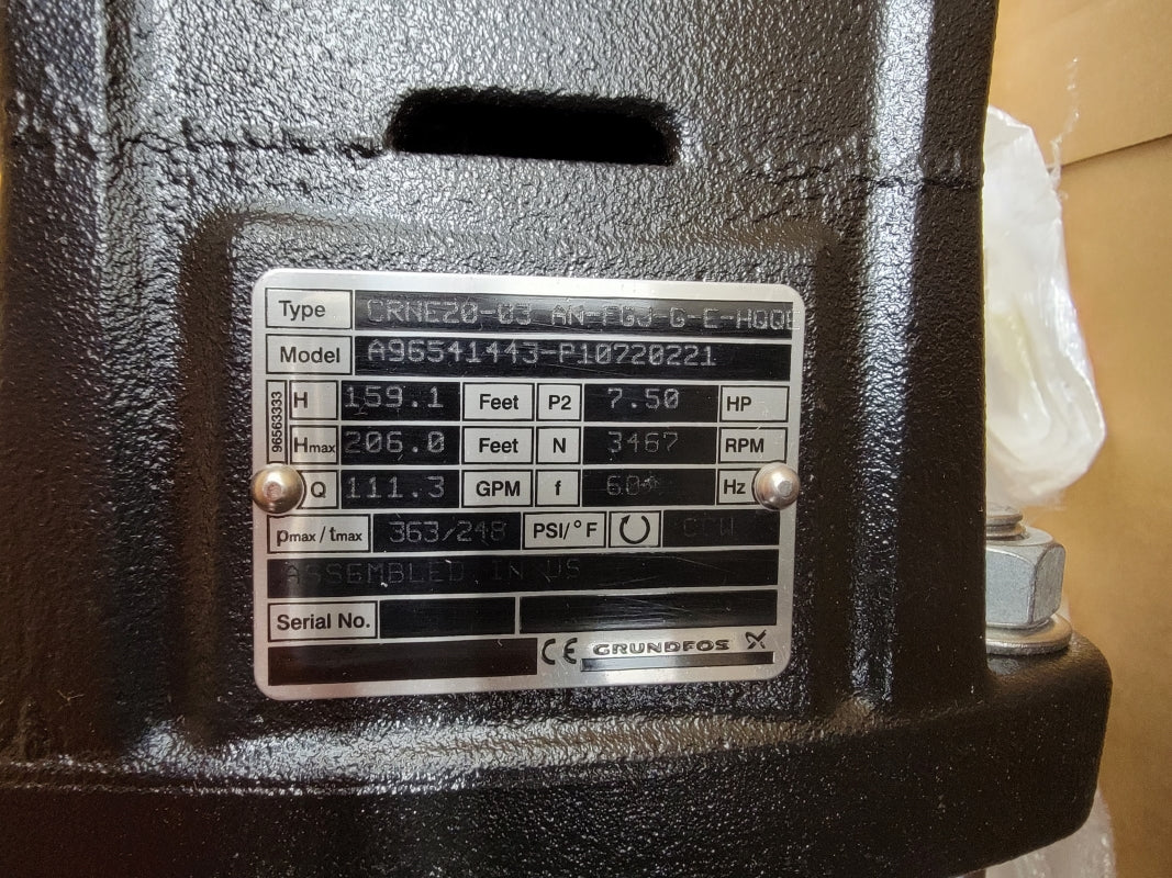 GRUNDFOS CRNE20-03 AN-FGJ-G-E-HQQE A96541443-P10720221 363PSI 248F W/ MLE132DA-2-215TC-D1 460/480V 10.3A NSMP