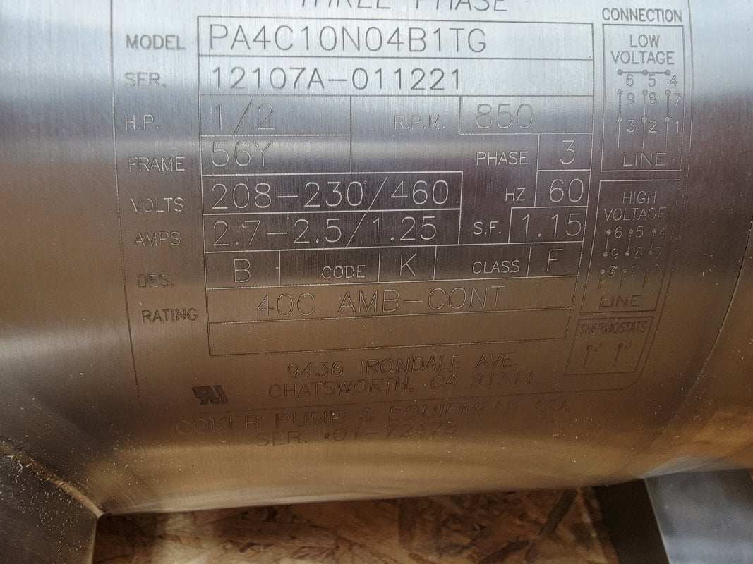 STAINLESS MOTORS PA4C10N04B1TG 208-230/460V 2.7-2.5/1.25A NSMP