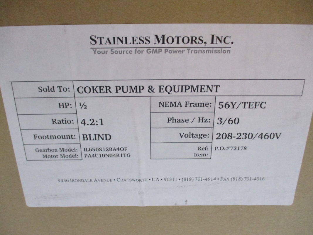 STAINLESS MOTORS PA4C10N04B1TG 208-230/460V 2.7-2.5/1.25A NSMP