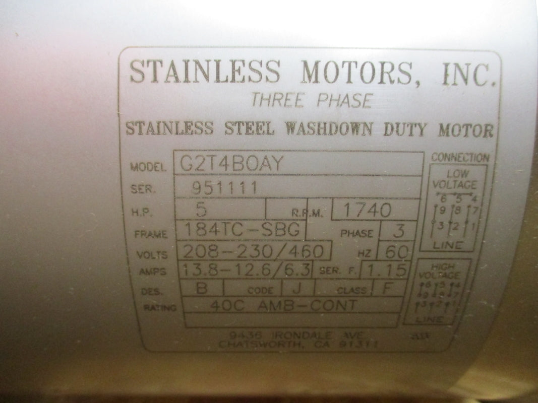STAINLESS MOTORS SB180SR14C411N W/ G2T4B0AY 208-230/460V 13.8-12.6/6.3A NSMP
