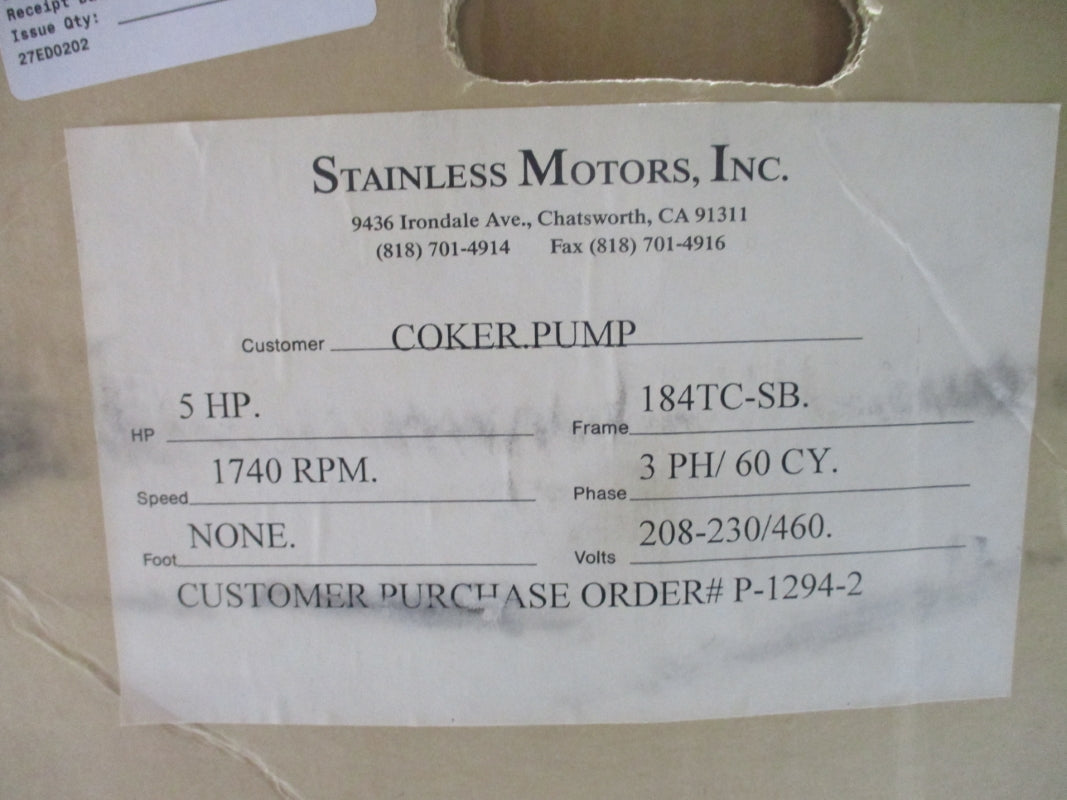 STAINLESS MOTORS SB180SR14C411N W/ G2T4B0AY 208-230/460V 13.8-12.6/6.3A NSMP