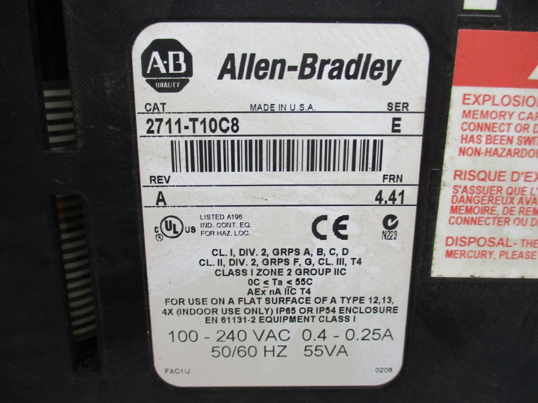 ALLEN BRADLEY 2711-T10C8 SER. E F/W 4.41 100-240VAC 0.4-0.25A UNMP
