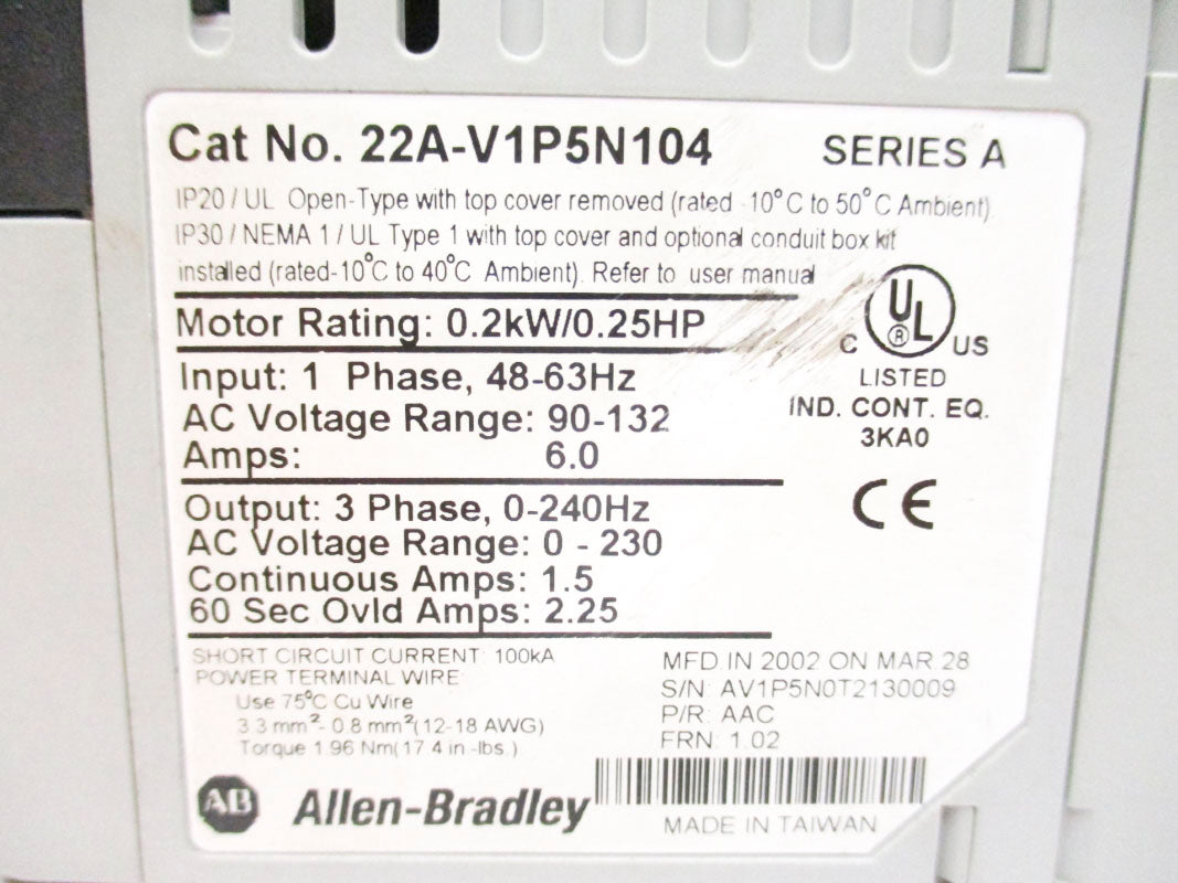 ALLEN BRADLEY 22A-V1P5N104 SER. A 90-132VAC  6.0A NSNP