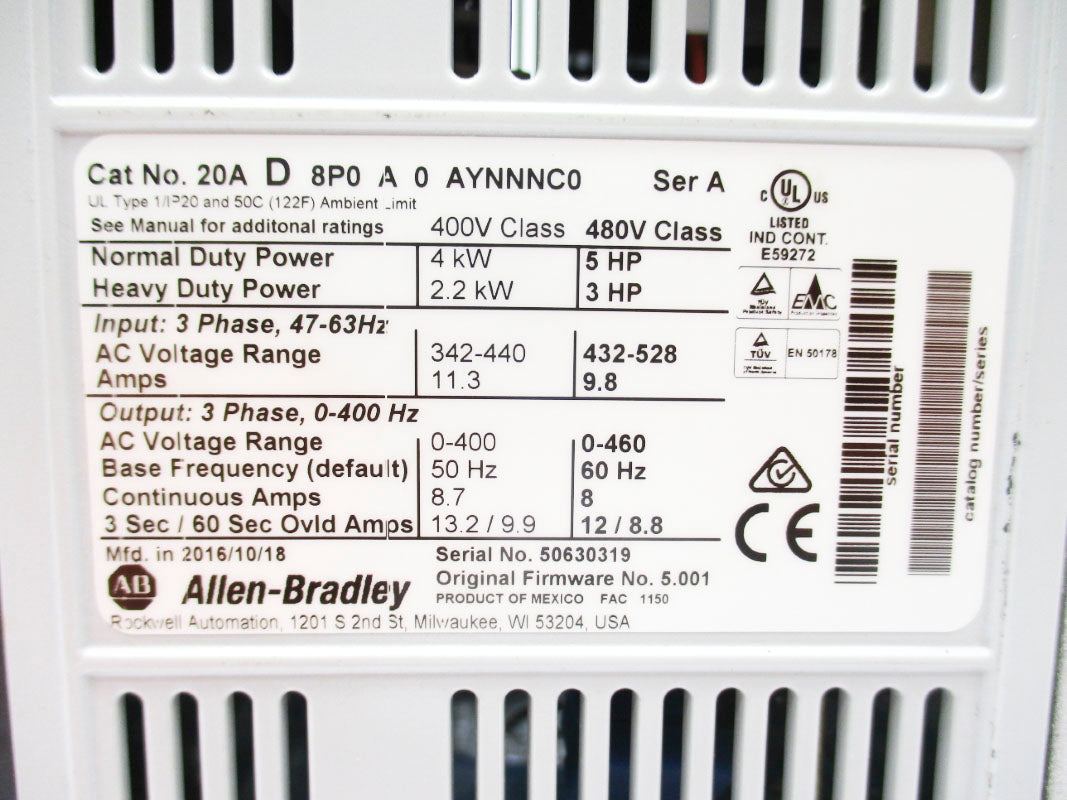 ALLEN BRADLEY 20AD8P0A0AYNNNC0 SER. A F/W 5.001 432-528V 11.3A NSNP