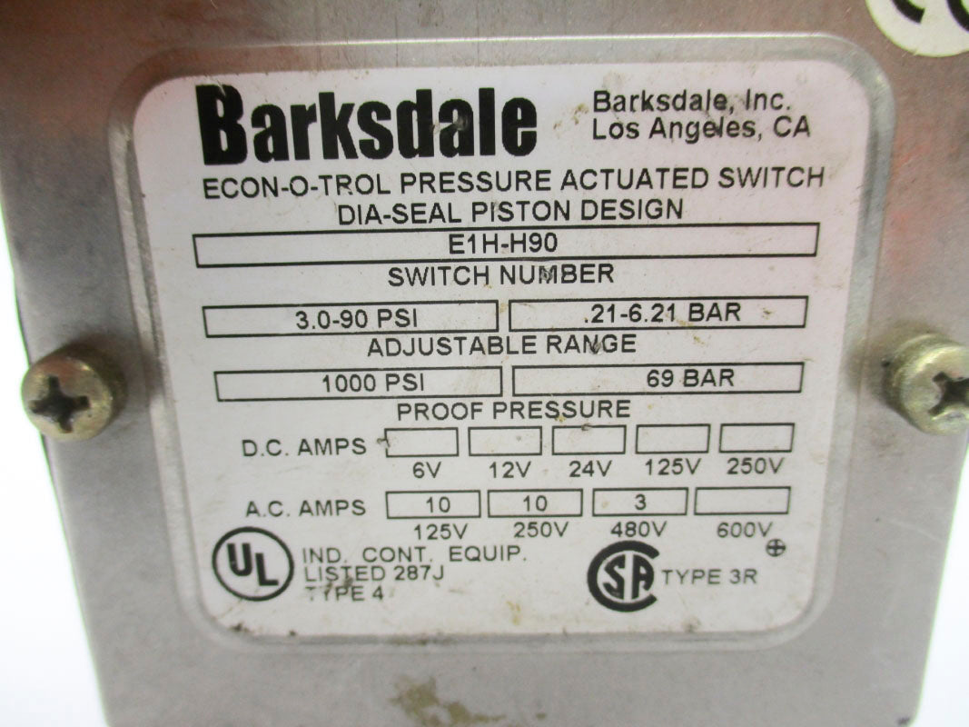 BARKSDALE E1H-H90 600VAC 10A 90PSI UNMP