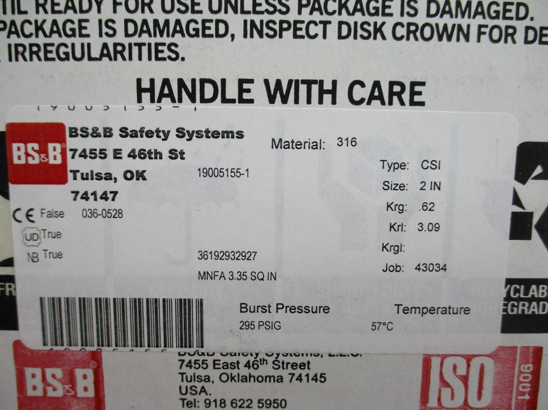 BS&B SAFETY SYSTEMS 19005155-1 295PSI 57'C NSMP