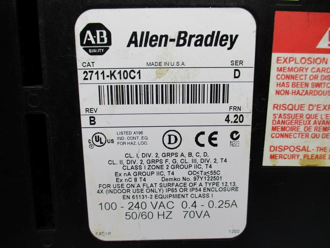 ALLEN BRADLEY 2711-K10C1 SER. D F/W 4.20 100-240VAC 0.4-0.25A UNMP
