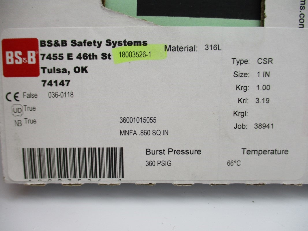 BS&B SAFETY SYSTEMS 18003526-1 360PSI 66'C NSMP