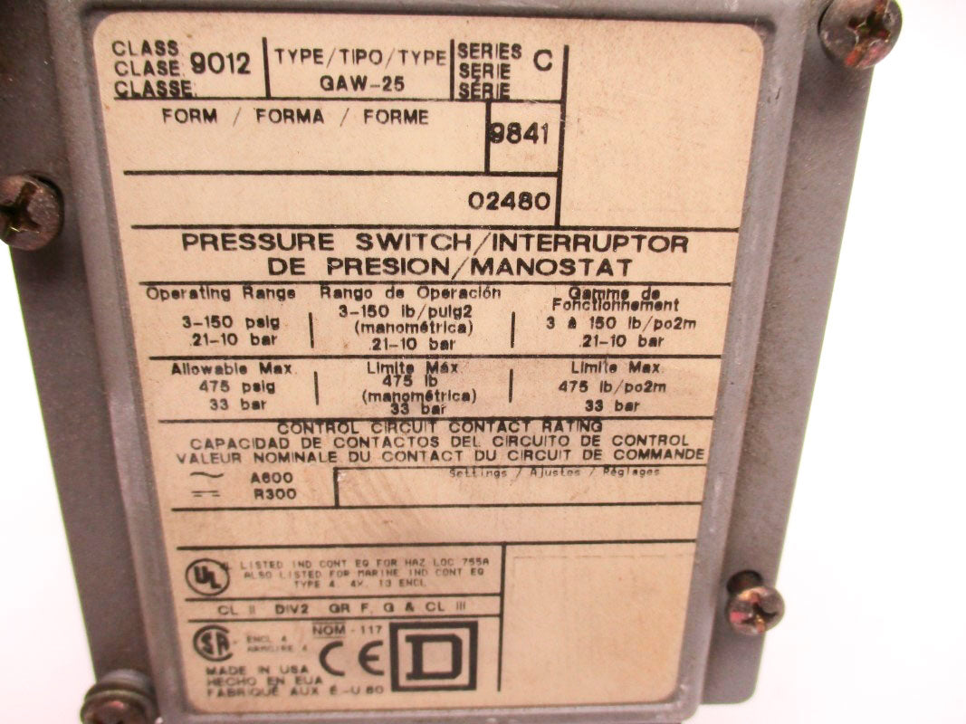 SQUARE D 9012GAW25 SER. C 475PSI UNMP