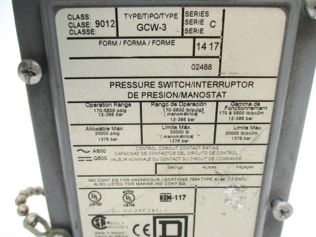 SQUARE D 9012GCW-3 SER. C 170-5600PSI UNMP