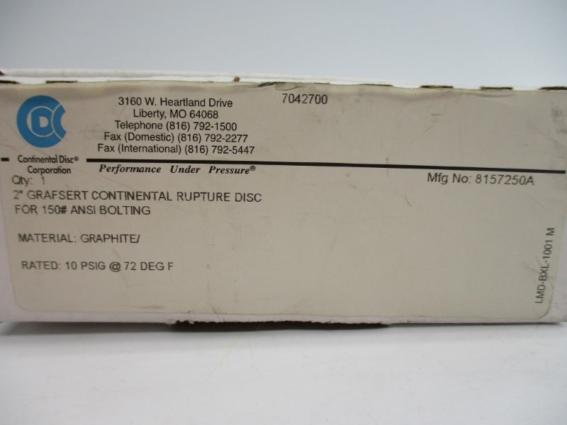 CONTINENTAL DISC 8157250A 10PSI 72'F 2" NSMP