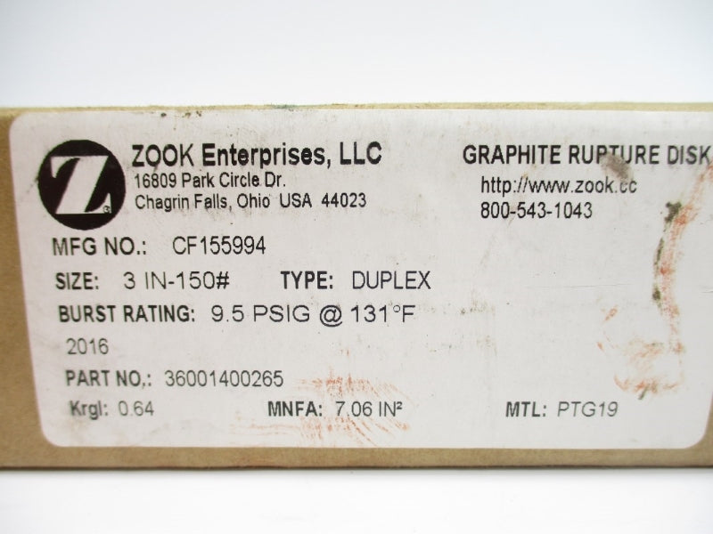 ZOOK ENTERPRISES CF155994 9.5PSI 131'F 3" NSMP