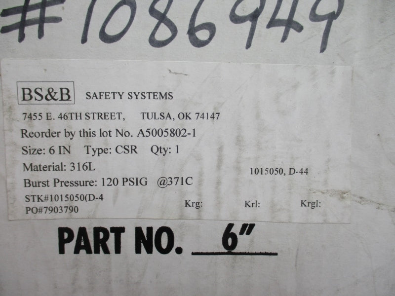 BS&B SAFTEY SYSTEMS A5005802-1 120PSI 371'C 6" NSMP
