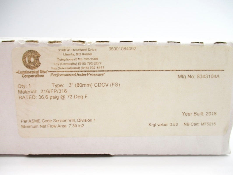 CONTINENTAL DISC 8343104A 36.6PSI 72'F 3" NSMP