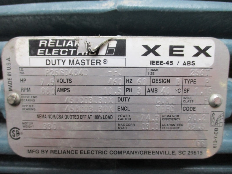 RELIANCE ELECTRIC 256T 7.5 HP P2560484D-FJ 460V 10.5A NSNP