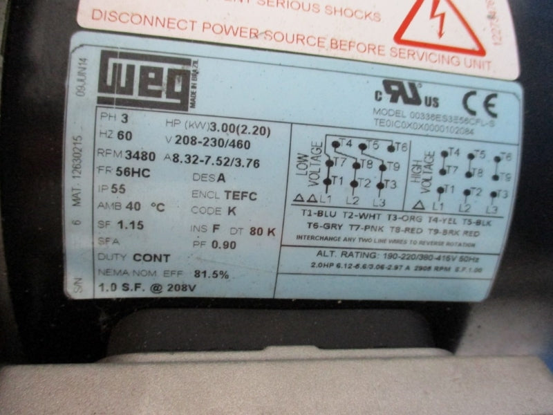 DONALDSON 2SG-74714-01 SPB-15 W/ WEG 00336ES3E56CFL-S 208-230/460V 8.32-7.52/3.76A NSNP