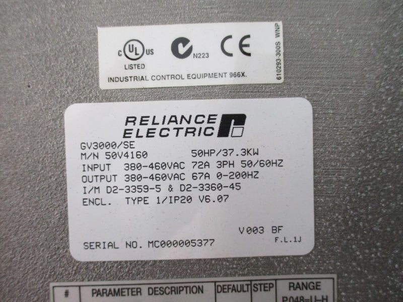 RELIANCE ELECTRIC 50V4160 GV3000/SE 380-460VAC 72A NSNP