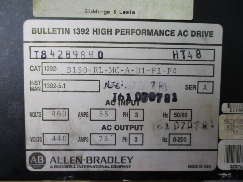ALLEN BRADLEY 1392-B150-RL-MC-A-D1-F1-F4 SER. A 440/460V 55/75A REMAN