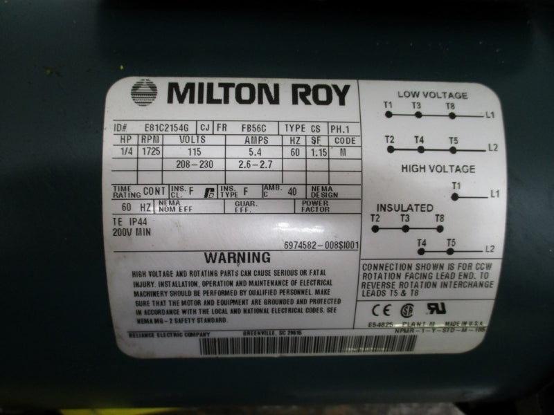 MILTON ROY RP111748A1SESEE1NN W/ E81C2154G 208-230V 5.4A 350PSI NSNP