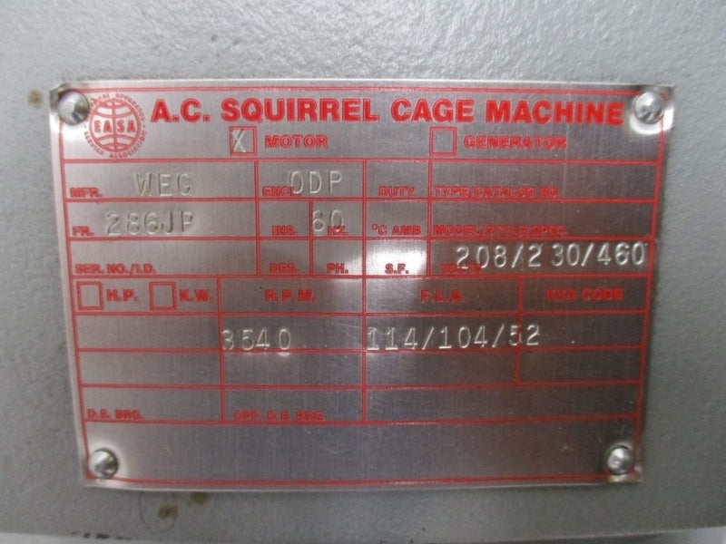 ILLINOIS ELECTRIC WEG ODP 286JP RPM 3540 208/230/460V 114/104/52A REMAN
