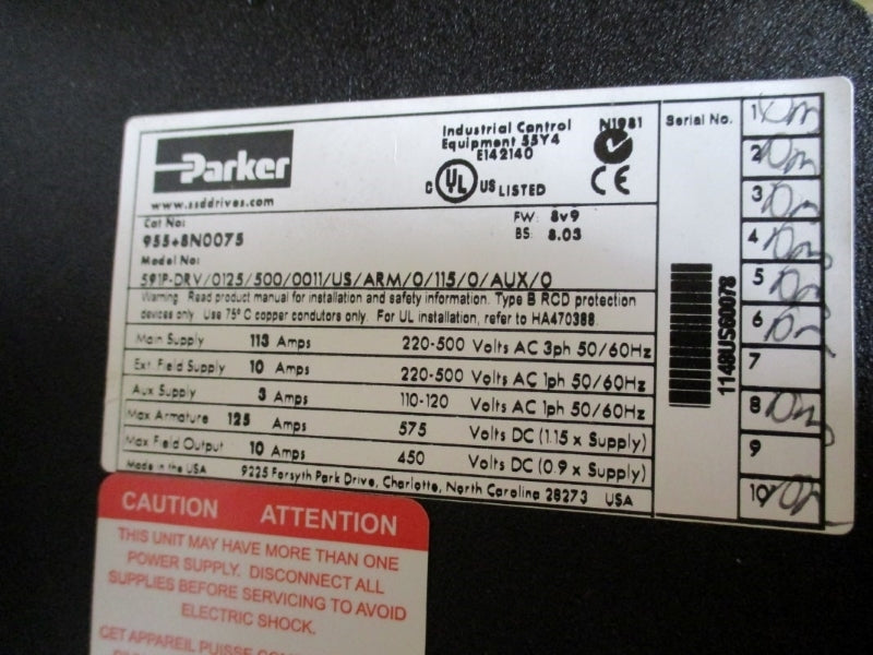 PARKER 955+8N0075 591P-DRV/0125/500/0011/US/ARM/0/115/0/AUX/0 500VAC 125A (AS PICTURED) NSMP