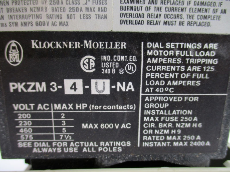 KLOCKNER MOELLER PKZM3-4-U-NA 600VAC 250A NSNP