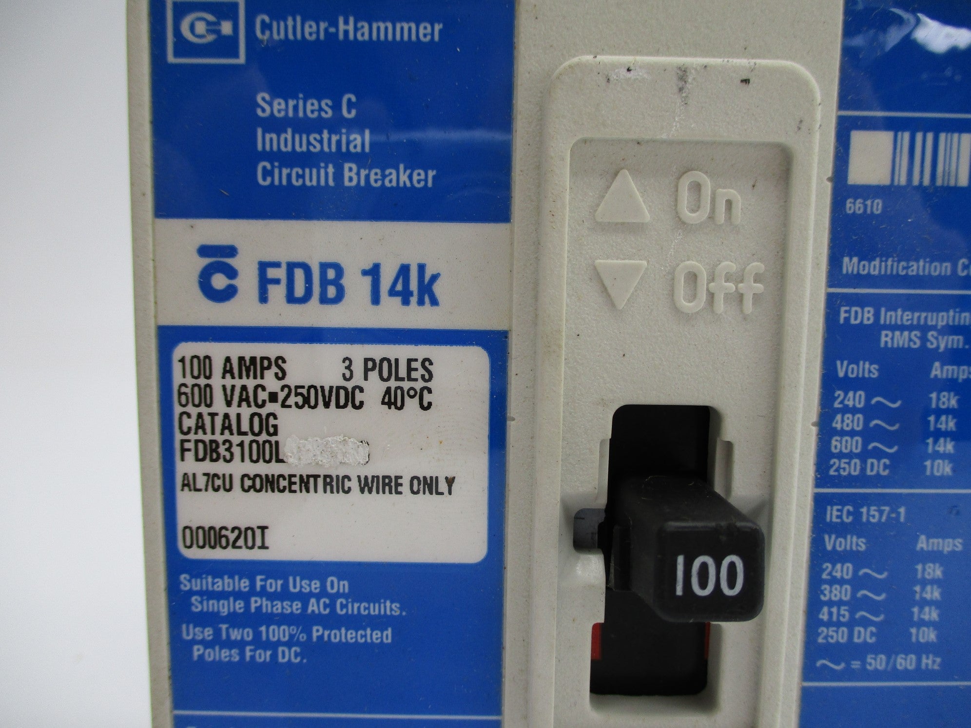 CUTLER HAMMER FDB3100L SER. C 600VAC 250VDC 100A NSNP