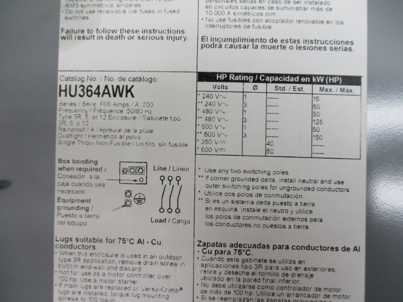 SQUARE D HU364AWK SER. F06 600VAC 200A NSNP