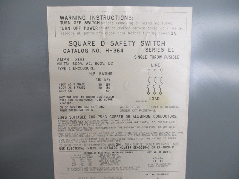 SQUARE D H-364 SER. E1 600VAC 200A UNMP