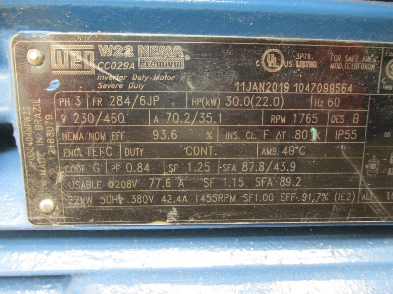 WEG 30 HP FRAME 284/6JP 30HP04P284/6JP 230/460V 70.2/35.1A NSMP