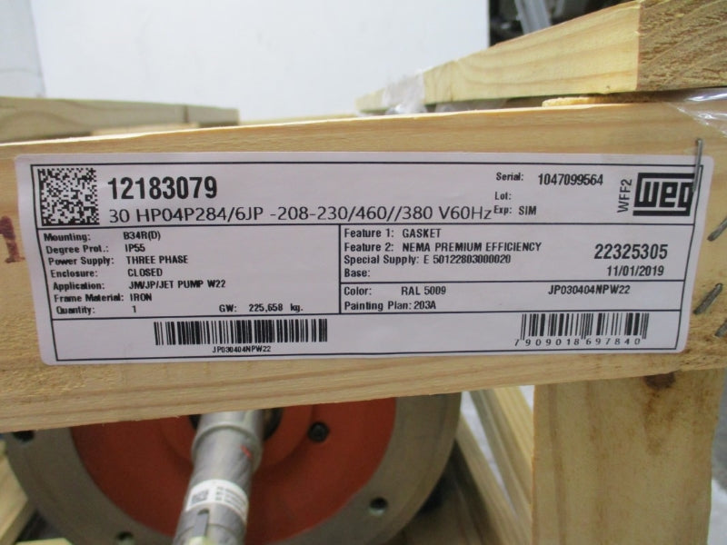 WEG 30 HP FRAME 284/6JP 30HP04P284/6JP 230/460V 70.2/35.1A NSMP