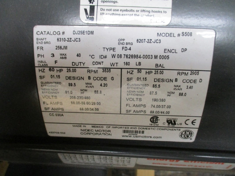 US MOTORS DJ25E1DM 208-230/460V 66.00-58.00/29.00A NSMP