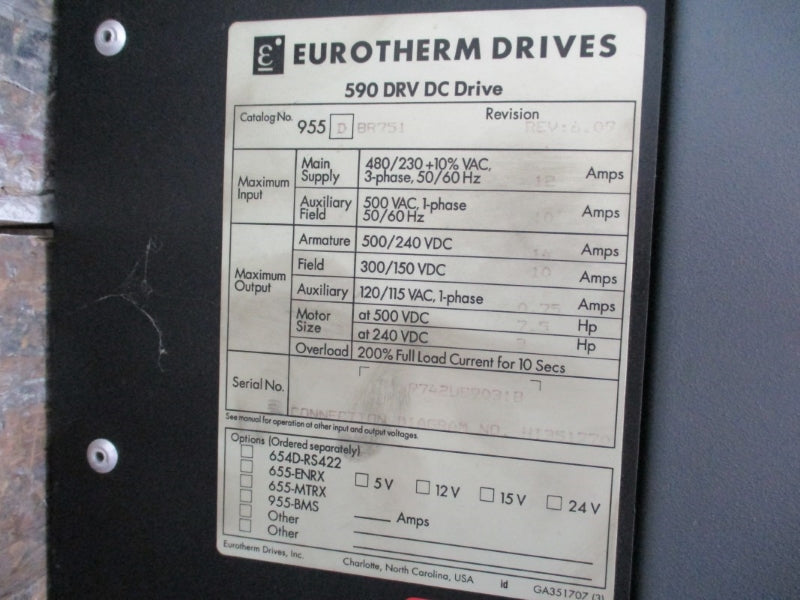 EUROTHERM DRIVES 955D8R751 480/230VAC 12A UNMP