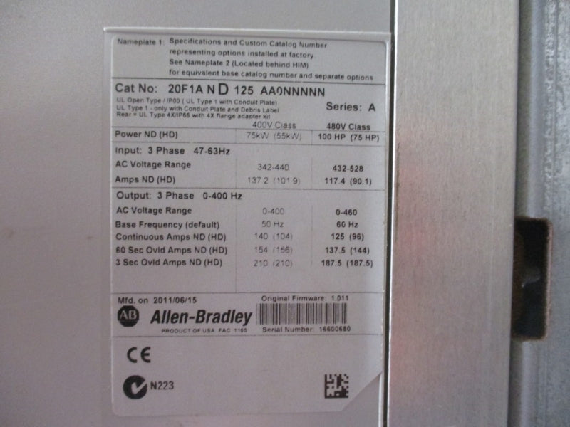 ALLEN BRADLEY 20F1AND125AA0NNNNN SER. A 480V 125A F/W 1.011 NSNP