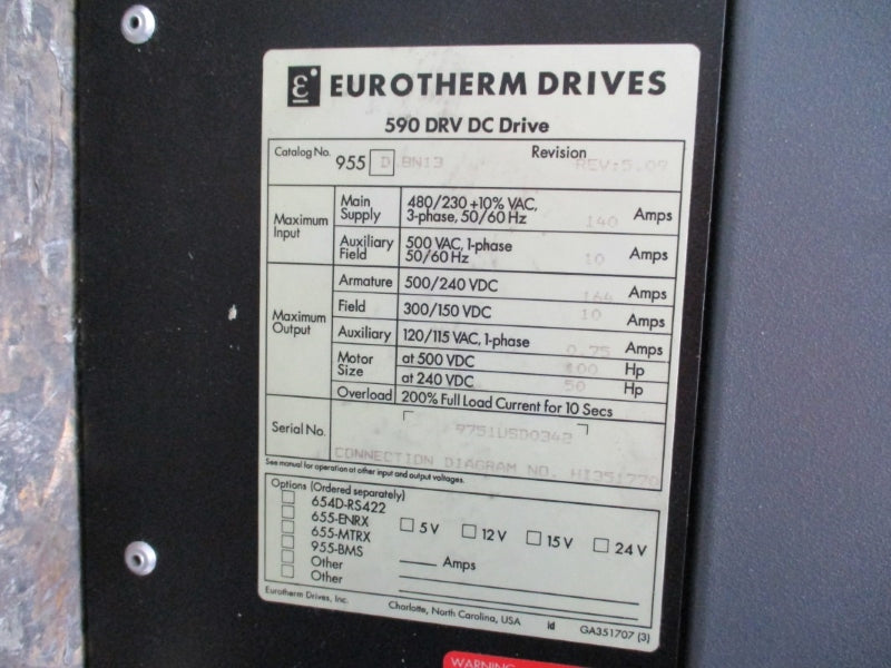 EUROTHERM DRIVES 955D8N13 480/230VAC 140A UNMP