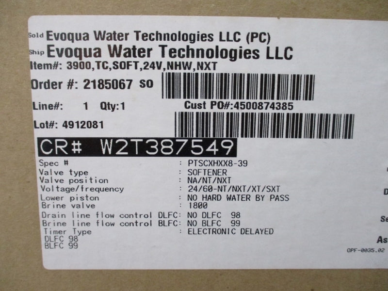 FLECK SOFTENER VALVE WITH NXT CONTROL W2T387549 PTSCXHXX8-39 24V NSMP