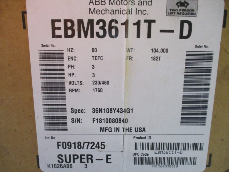 BALDOR EBM3611T-D 230/460V 8.2/4.1A NSMP