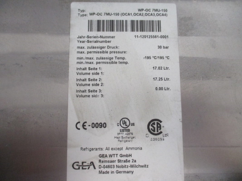 GEA HEAT EXCHANGER WP-OC7MU-150 -195'C/195'C NSNP