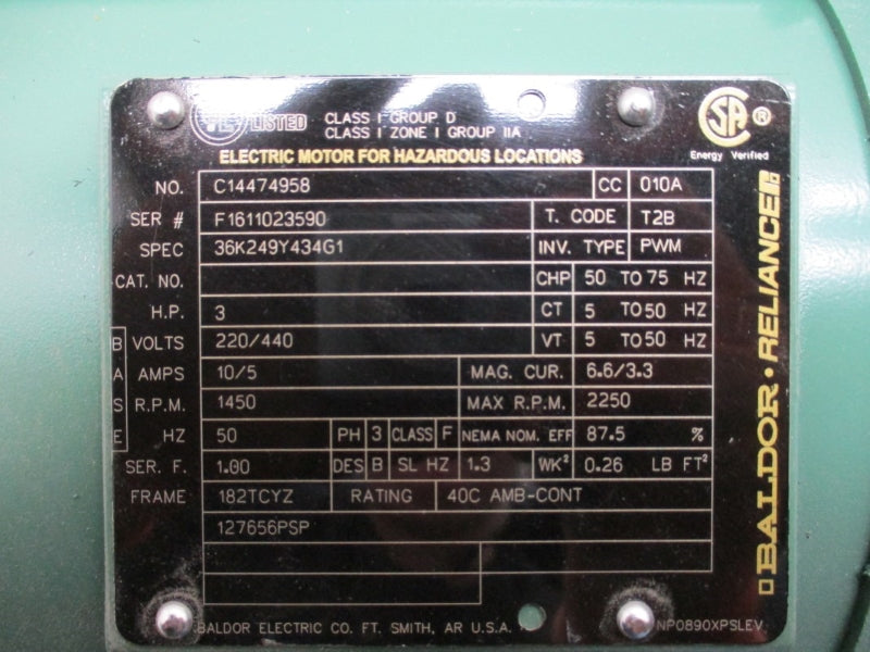 BALDOR ELECTRIC 3HP 182TCYZ C14474958 220/440V 10/5A NSNP