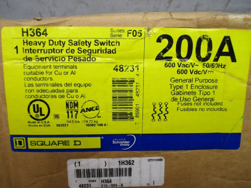 SQUARE D H364 SER. F05 600VAC 200A NSFS