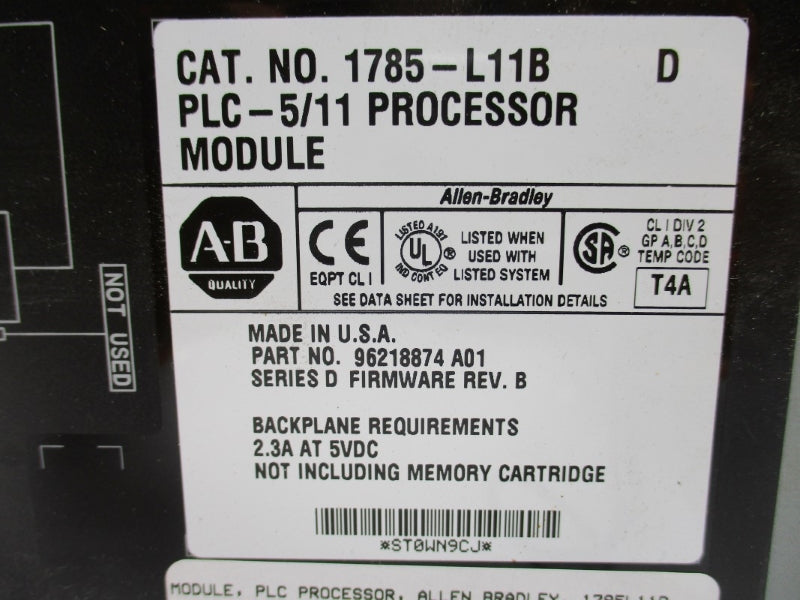 ALLEN BRADLEY 1785-L11B SER. D F/W B 5VDC 2.3A (NO KEY) UNMP