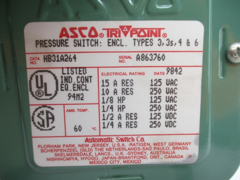 ASCO HB31A264 250VAC 15A 60'C NSNP