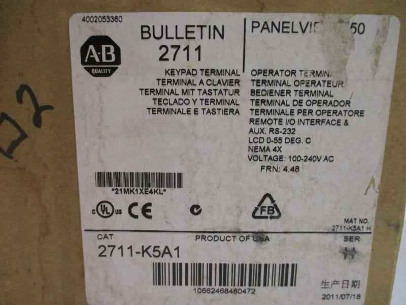 ALLEN BRADLEY 2711-K5A1 SER. H F/W 4.48 100-240VAC 0.25-0.15A NSMP