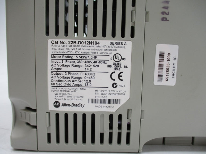 ALLEN BRADLEY 22B-D012N104 SER. A F/W 6.02 380/480V 14.2A REMAN