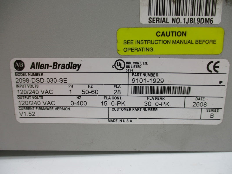 ALLEN BRADLEY 2098-DSD-030-SE SER. B F/W V1.52 120/240VAC 28A NSNP