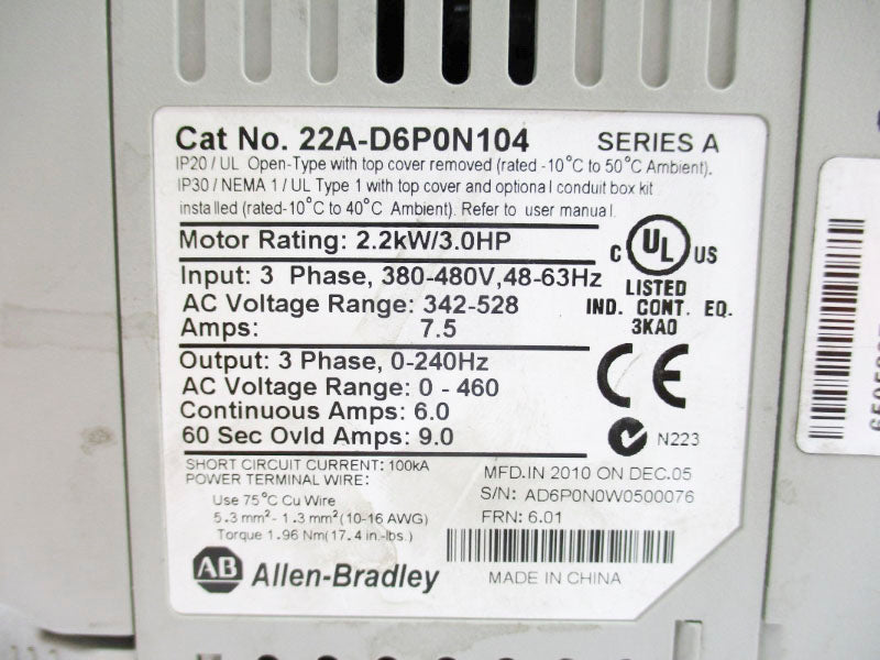ALLEN BRADLEY 22A-D6P0N104 SER. A F/W 6.01 NSNP