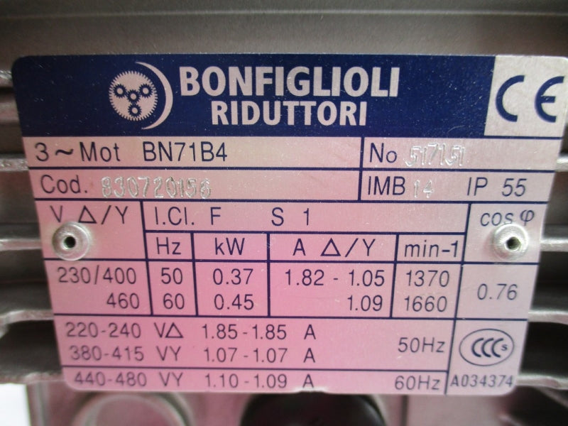 BONFIGLIOLI RIDUTTORI BN71B4 830720156 440-480V 1.10-1.09A NSNP