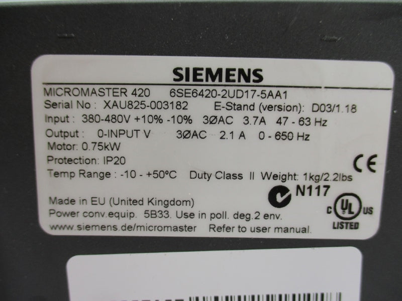 SIEMENS 6SE6420-2UD17-5AA1 380-480V 3.7A (AS PICTURED) NSNP