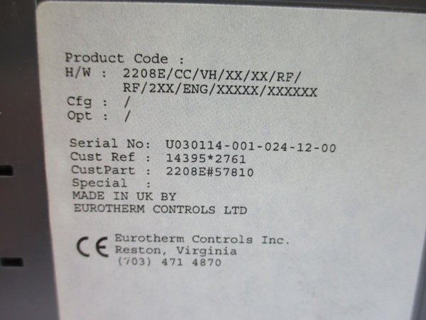 EUROTHERM 2208E/CC/VH/XX/XX/RF/RF/2XX/ENG/XXXXX/XXXXXX 100-240VAC 2A UNMP