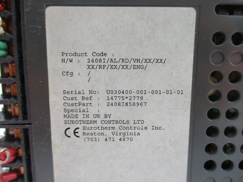 EUROTHERM 2408I/AL/RD/VH/XX/XX/XX/RF/XX/XX/ENG 240VAC 2A UNMP